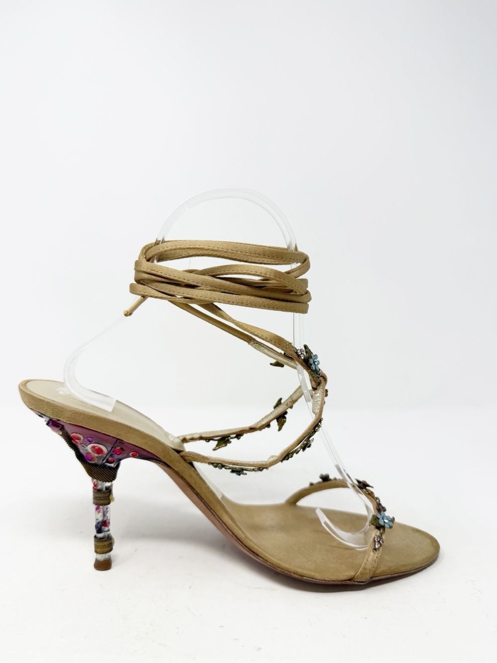 Giuseppe Zanotti Satin Floral Embellished Wrap Sandal Heels Womens Size 7.5 - Picture 8 of 11